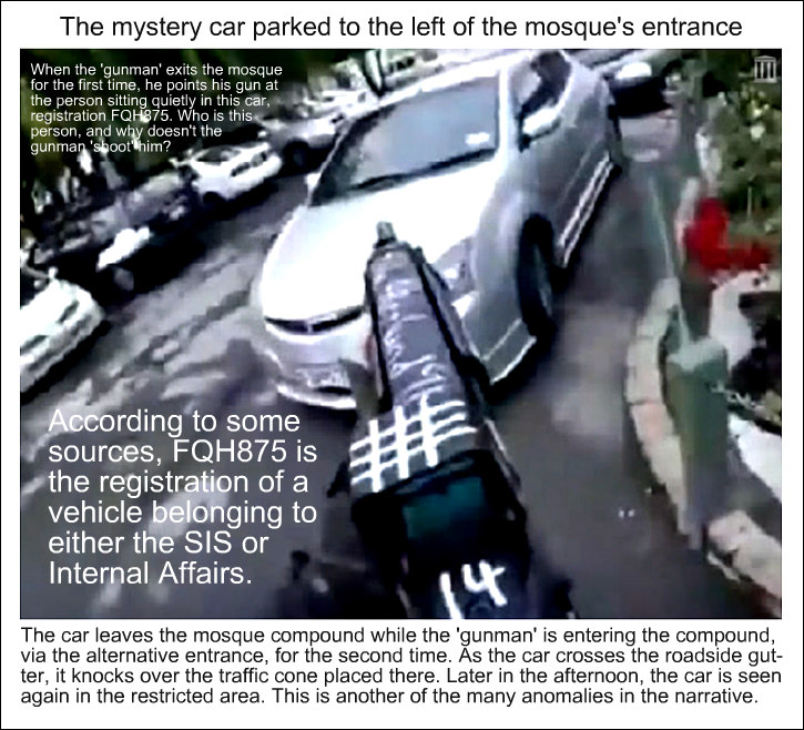 Mystery car parked beside mosque entrance